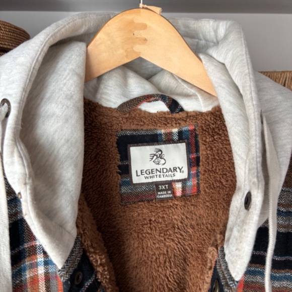 Plaid Button DownJacket Hoodie Sherpa Lining - Brown/Blue/Orange - Picture 3 of 8